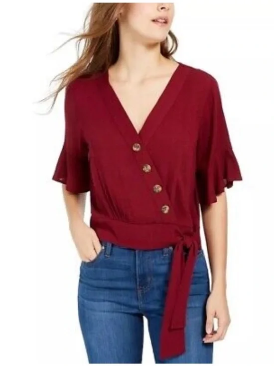 Gypsies & Moondust Wine Red Wrap Button Blouse - Picture 1 of 10